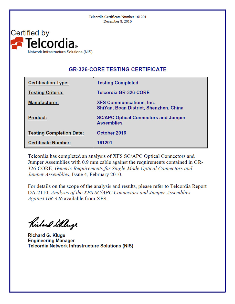 Telcordia GR-326 test certificate sc apc 0.9