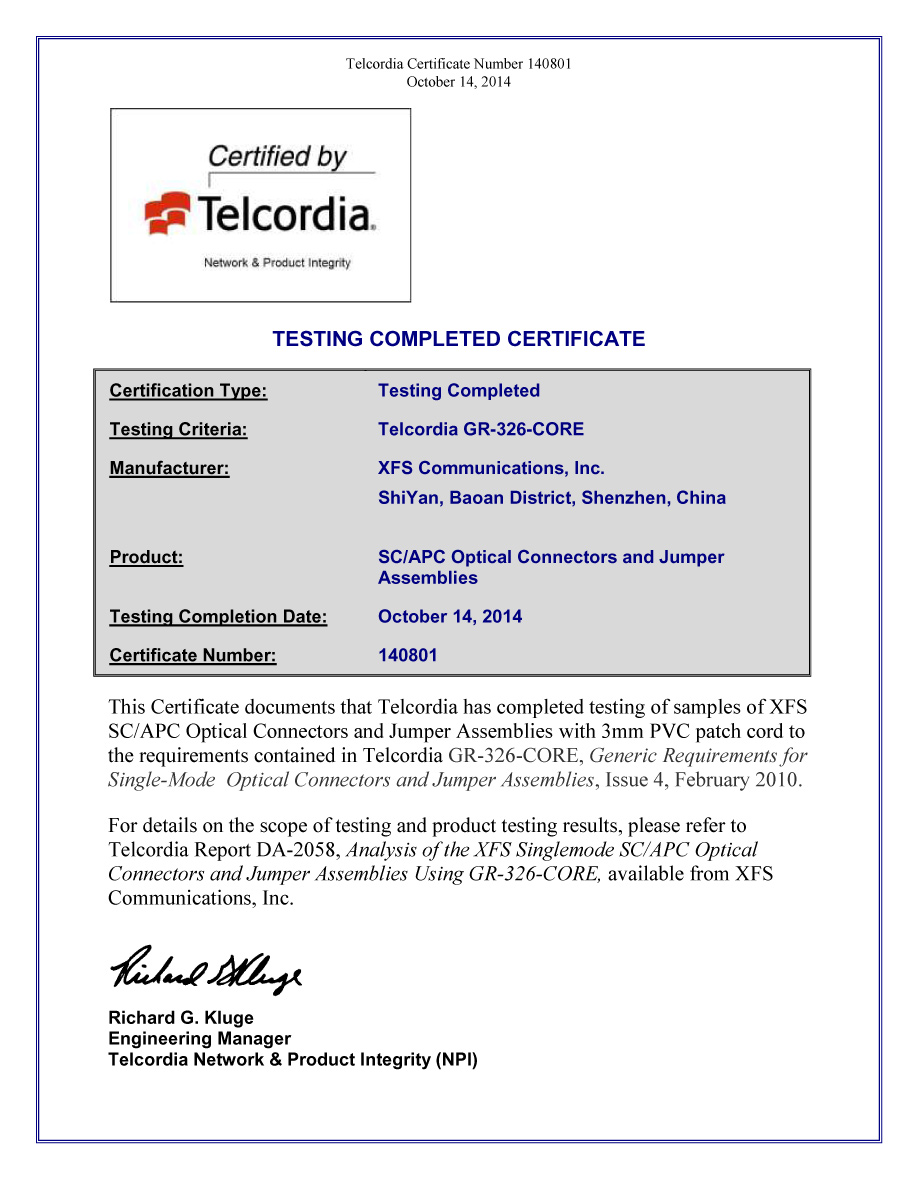 Telcordia GR-326 test certificate sc apc 3.0